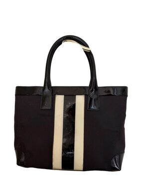 Vintage Gucci Black Canvas Tote with Ivory Center Stripe and Patent Trim